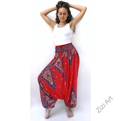 aladdin, nadrág, piros, kék, levél, mintás, kényelmes, bő, szellős, viszkóz, egyedi, extravagáns, különleges, bohém, Thaiföld, női, divat, trend