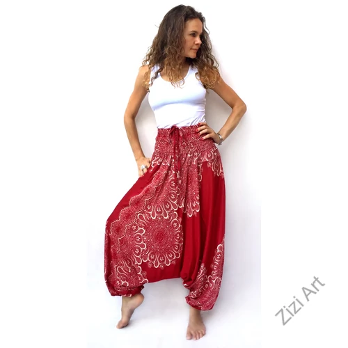 aladdin, nadrág, piros, krém, mandala, virág, mintás, kényelmes, bő, szellős, viszkóz, egyedi, extravagáns, különleges, bohém, Thaiföld, női, divat, trend