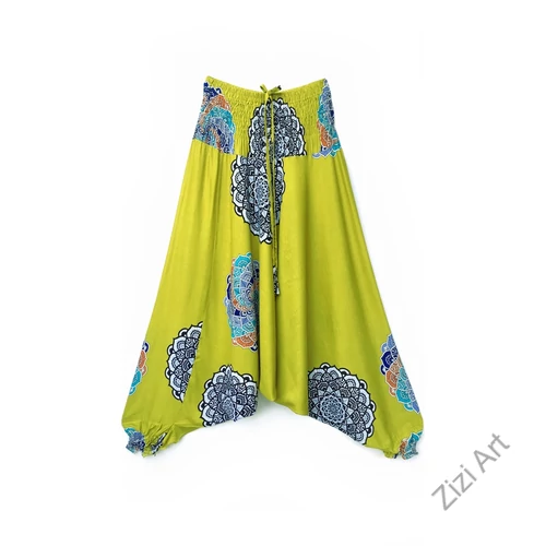 aladdin, nadrág, sárga, mandala, mintás, kényelmes, bő, szellős, viszkóz, egyedi, extravagáns, különleges, bohém, Thaiföld, női, divat, trend