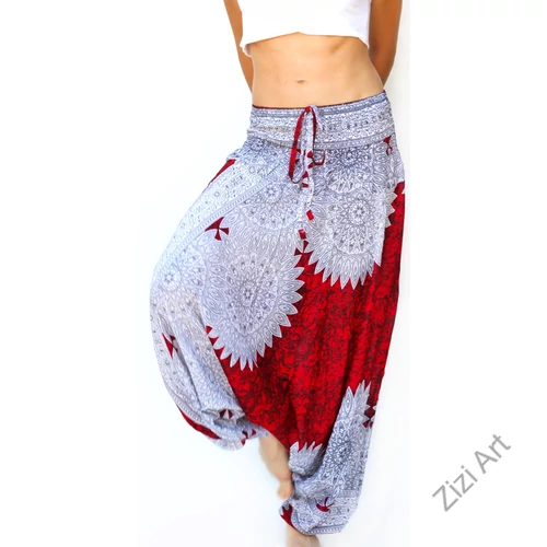 aladdin, nadrág, fehér, piros, mandala, mintás, kényelmes, bő, szellős, viszkóz, egyedi, extravagáns, különleges, bohém, Thaiföld, női, divat, trend