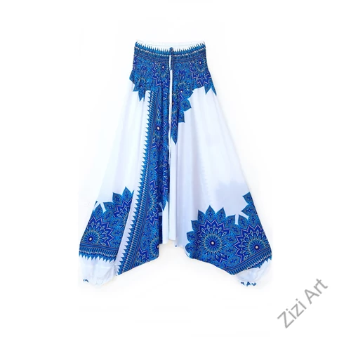 aladdin, nadrág, kék, fehér, virág, mandala, mintás, kényelmes, bő, szellős, viszkóz, bohém, extravagáns, különleges, Thaiföld, női, divat, trend