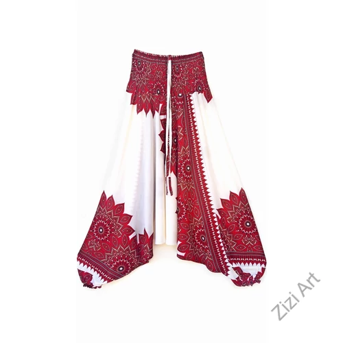 aladdin, nadrág, piros, fehér, barna, virág, mandala, mintás, kényelmes, bő, szellős, viszkóz, bohém, extravagáns, különleges, Thaiföld, női, divat, trend