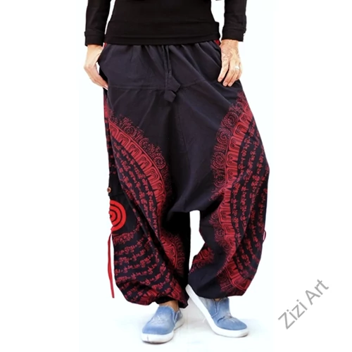pamut, aladdin, nadrág, fekete, piros, kör, mandala, szanszkrit, szöveg, írás, divat, trend, bő, szárú, kényelmes, egyedi, extravagáns, Nepál