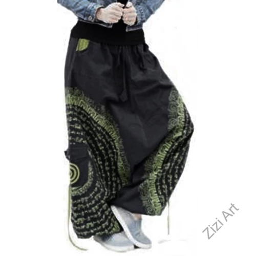 pamut, aladdin, nadrág, fekete, kiwi, zöld, kör, mandala, szanszkrit, szöveg, írás, divat, trend, bő, szárú, kényelmes, egyedi, extravagáns, Nepál