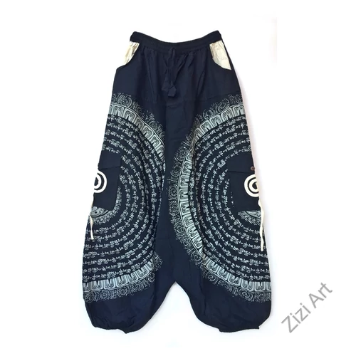 pamut, aladdin, nadrág, fekete, fehér, kör, mandala, szanszkrit, szöveg, írás, divat, trend, bő, szárú, kényelmes, egyedi, extravagáns, Nepál