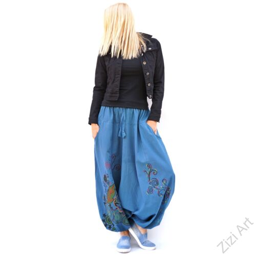 pamut, aladdin, nadrág, kék, színes, virágos, divat, trend, bő, szárú, kényelmes, egyedi, extravagáns, Nepál