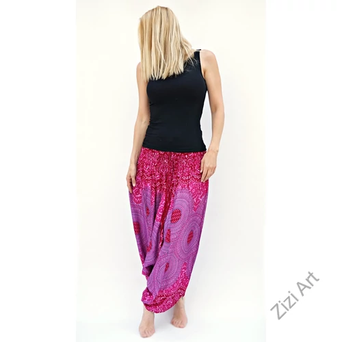 női, divat, nadrág, pink, rózsaszín, lila, mandala, világos, bordűr, trend, kényelmes, bő, szellős, viszkóz, egyedi, extravagáns, különleges, bohém, Thaiföld