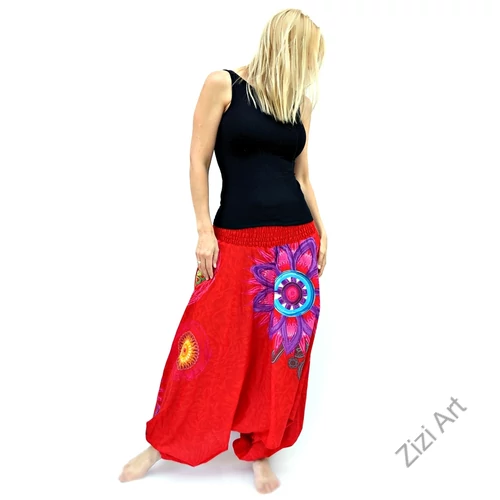 piros, színes, élénk, virág, mandala, tűzvirág, bő, pamut, aladdin, női, nadrág, Nepál, kényelmes, szellős, bohém, egyedi, extravagáns, tavasz, nyár, divat, trend