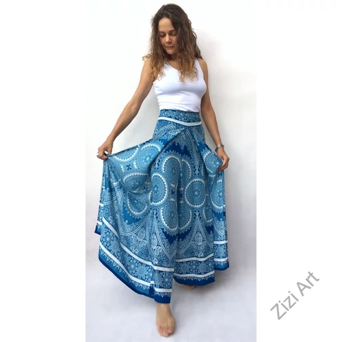 bőszárú, nadrág, szoknya, mandala, mintás, fehér, kék, viszkóz, szellős, kényelmes, női divat, bohém, elegáns, egyedi