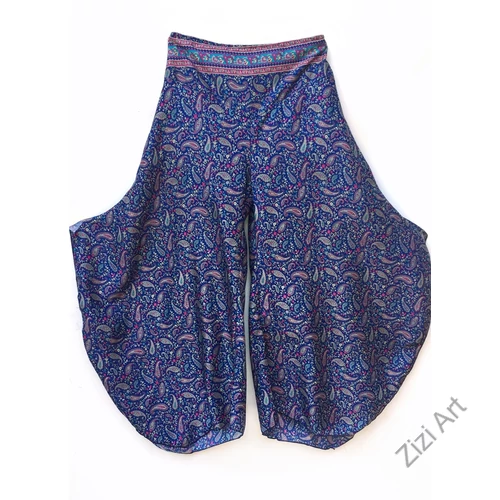 bőszárú, nadrág, levél, mintás, sötétkék, bézs, műselyem, szellős, kényelmes, női divat, bohém, elegáns, egyedi