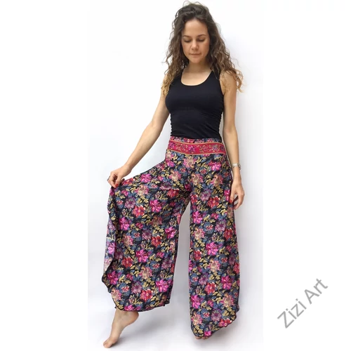 bőszárú, nadrág, virág, mintás, fekete, pink, piros, sárga, műselyem, szellős, kényelmes, női divat, bohém, elegáns, egyedi