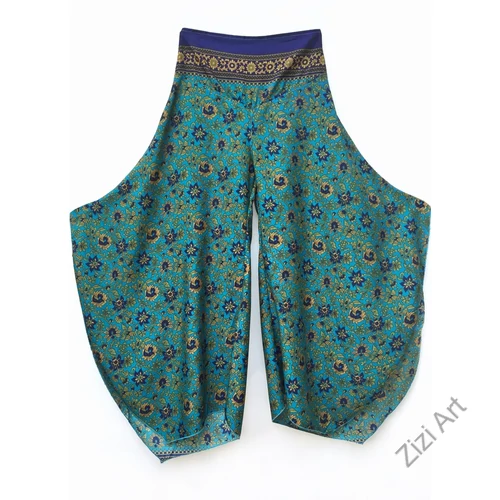 bőszárú, nadrág, virág, mintás, kék, zöld, okker, sárga, műselyem, szellős, kényelmes, női divat, bohém, elegáns, egyedi