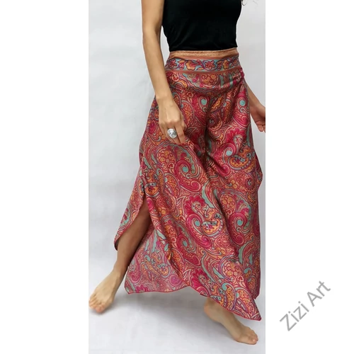 bőszárú, nadrág, levél, mintás, pink, zöld, sárga, műselyem, szellős, kényelmes, női divat, bohém, elegáns, egyedi