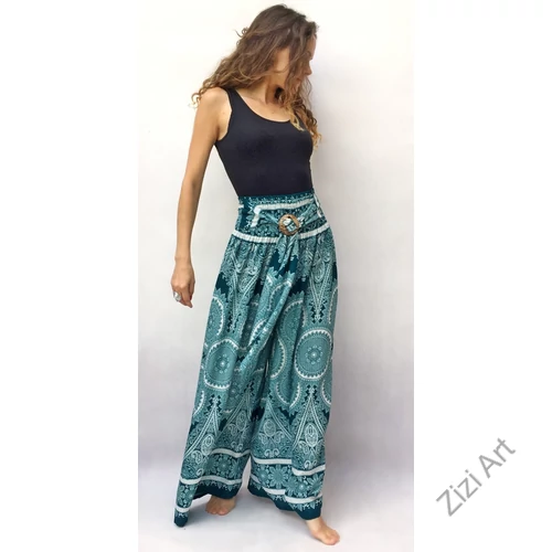 bőszárú, nadrág, szoknya, mandala, mintás, fehér, zöld, viszkóz, szellős, kényelmes, női divat, bohém, elegáns, egyedi
