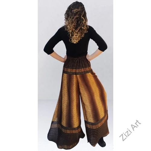 bőszárú, barna, sárga, viszkóz, nadrág, női divat, etno, trend, bohém, elegáns, egyedi, különleges, szellős, kényelmes