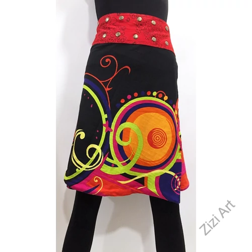 női, térd, kétoldalas, szoknya, vastag, pamut, színes, fekete, piros, kék, zöld, virágos, mandala, női, divat, egyedi, bohém, extravagáns, egzotikus, trend, Nepál