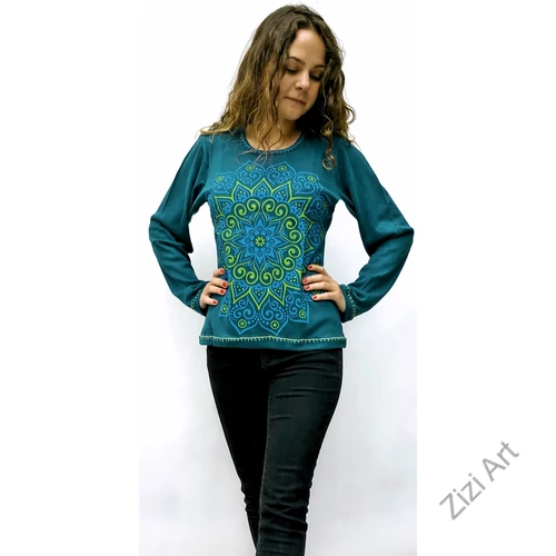 hosszú ujjú, vastag, meleg, pamut, felső, póló, kék, barna, türkiz, fekete, mandala, mintás, női, divat