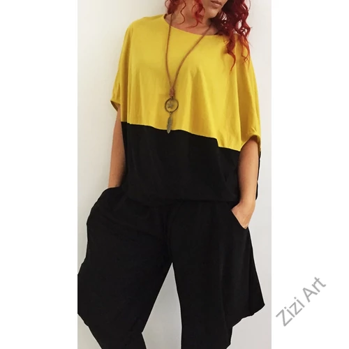 mustársárga, fekete, denevér ujjú, felső, nyaklánccal, designer, olasz, bő, lezser, egyedi, vidám, elegáns, különleges, női, divat, bohém, trend