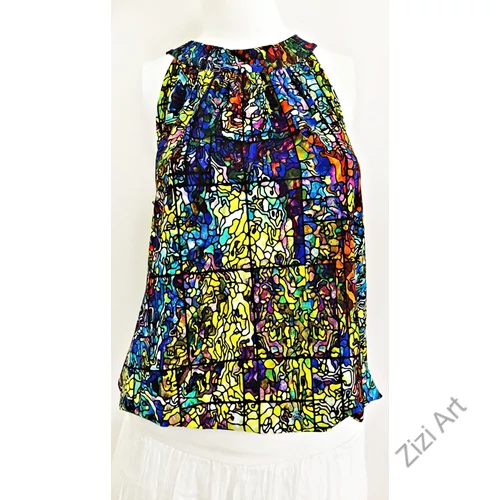 élénk, színes, kék, fekete, piros, sárga, narancs, kör, absztrakt, mintás, ujjatlan, felső, blúz, designer, magyar, egyedi, vidám, elegáns, különleges, női, divat, bohém, trend