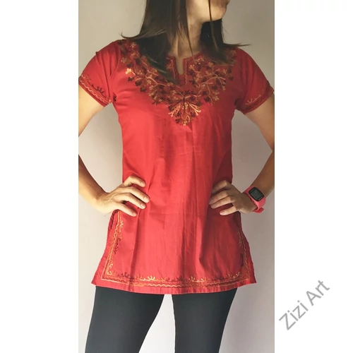 piros, barna, drapp, hímzett, különleges v nyakú, rövid ujjú, tunika, pamut, kényelmes, nyári,