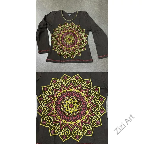 hosszú ujjú, vastag, meleg, pamut, felső, póló, kék, barna, türkiz, fekete, mandala, mintás, női, divat
