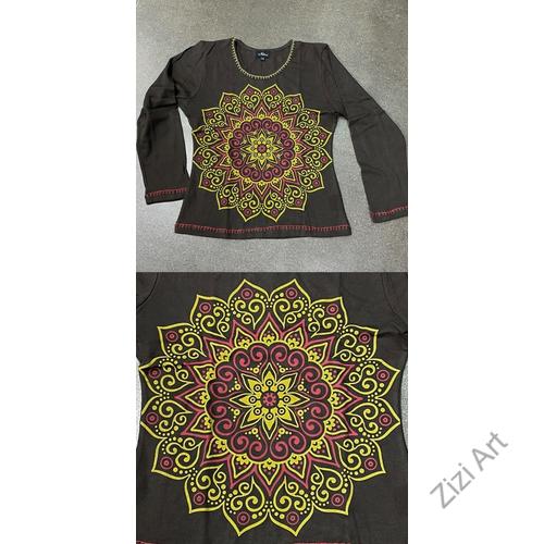 hosszú ujjú, vastag, meleg, pamut, felső, póló, kék, barna, türkiz, fekete, mandala, mintás, női, divat