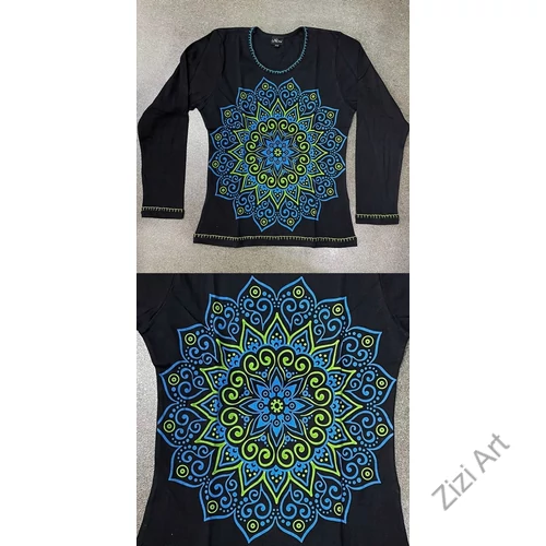 hosszú ujjú, vastag, meleg, pamut, felső, póló, kék, barna, türkiz, fekete, mandala, mintás, női, divat