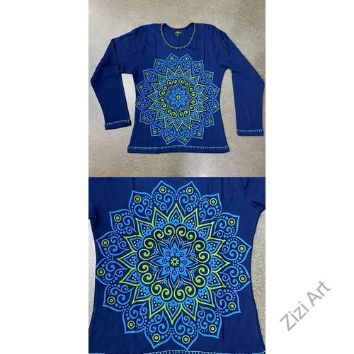 hosszú ujjú, vastag, meleg, pamut, felső, póló, kék, barna, türkiz, fekete, mandala, mintás, női, divat
