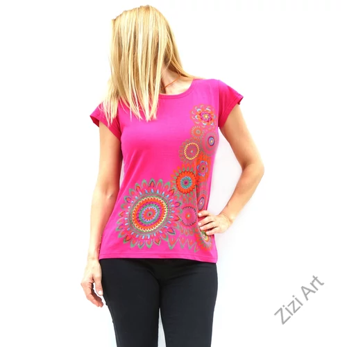 rövid ujjú, pamut, felső, póló, színes, pink, mandala, virág, mintás, vidám, bohém, hippi, laza, női, divat, trend