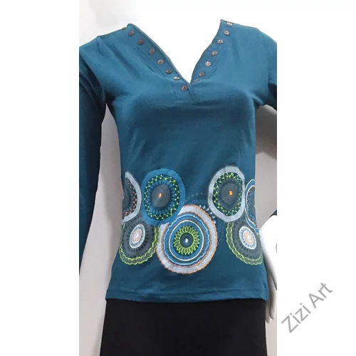 hosszú ujjú, pamut, felső, póló, színes, kék, lazac, narancs, piros, türkiz, mustár, sárga, pink, mandala, kör, mintás, gombos, bohém, hippi, laza, női, divat, trend