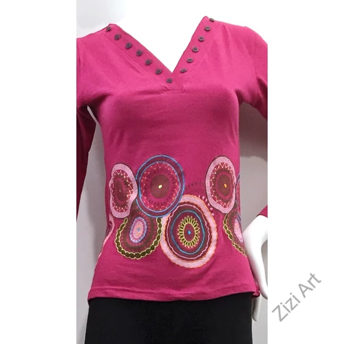hosszú ujjú, pamut, felső, póló, színes, kék, lazac, narancs, piros, türkiz, mustár, sárga, pink, mandala, kör, mintás, gombos, bohém, hippi, laza, női, divat, trend
