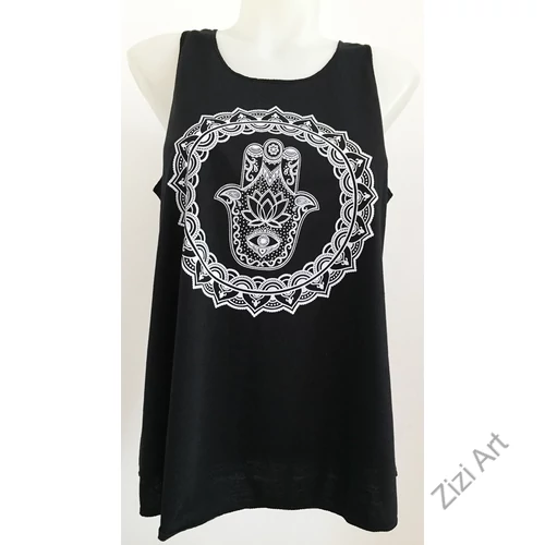 fehér, fekete, hamsa, mintás, ujjatlan, pamut, felső, női, divat, trend, nyári, sportos, elegáns, bohém, extravagáns