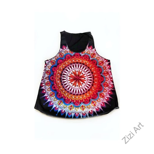 fekete, narancs, kék, piros, színes, mandala, mintás, ujjatlan, pamut, felső, női, divat, trend, nyári, sportos, elegáns, bohém, extravagáns