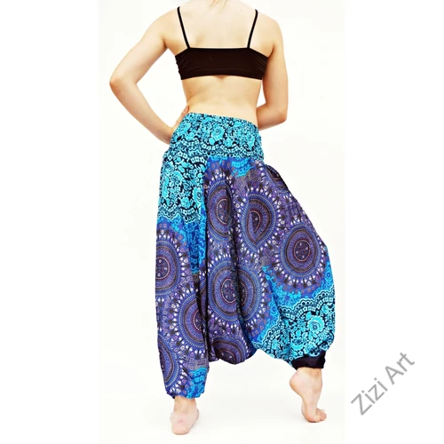 gyerek, viszkóz, bő, szellős, nadrág, kényelmes, bohém, egyedi, extravagáns, ruha, nyári, divat, kék, égkék, lila, mandala, bordűrminta, trend