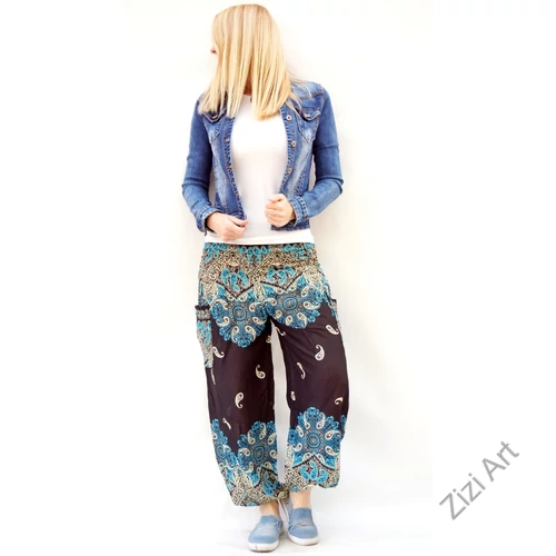 fekete, türkizkék, papucsállatka, mintás, jázmin, nadrág, Thaiföld, kényelmes, viszkóz, nyári, nyaralás, tengerpart, elegáns, bohém