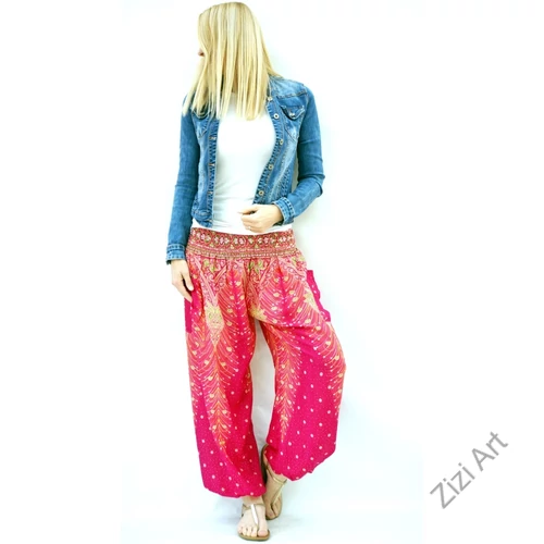 női, divat, pink, bő, viszkóz, nadrág, levél, pávatoll, élénk, színes, trend, kényelmes, szellős, egyedi, extravagáns, különleges, bohém, jázmin, Thaiföld