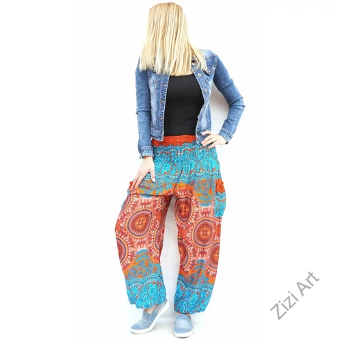 női, divat, kék, narancs, bő, viszkóz, nadrág, levél, pávatoll, élénk, színes, trend, kényelmes, szellős, egyedi, extravagáns, különleges, bohém, jázmin, Thaiföld