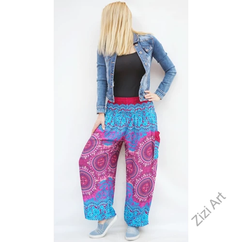női, divat, pink, kék, mandala, mintás, bő, viszkóz, nadrág, színes, trend, kényelmes, szellős, egyedi, extravagáns, különleges, bohém, jázmin, Thaiföld