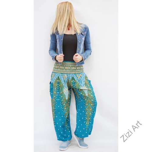 női, divat, nadrág, pávatoll, mintás, színes, kék, zöld, narancs, bordűr, trend, kényelmes, bő, szellős, viszkóz, egyedi, extravagáns, különleges, bohém, jázmin, Thaiföld