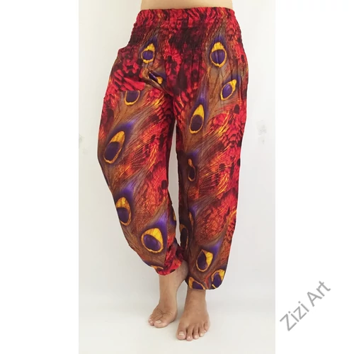 női, divat, piros, lila, sárga, barna, zsebes, pávaszem, mintás, bő, viszkóz, nadrág, színes, trend, kényelmes, szellős, egyedi, extravagáns, különleges, bohém, jázmin, Thaiföld, nagy méret, extra méretezés, plus size