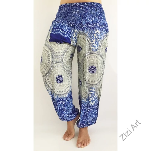 női, divat, égkék, középkék, türkiz, fehér, mandala,, mintás, bő, viszkóz, nadrág, színes, trend, kényelmes, szellős, egyedi, extravagáns, különleges, bohém, jázmin, Thaiföld, nagy méret, extra méretezés, plus size