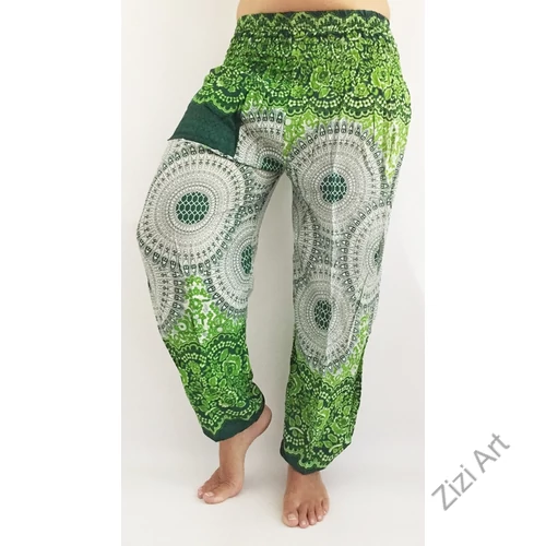 női, divat, zöld, fehér, mandala,, mintás, bő, viszkóz, nadrág, színes, trend, kényelmes, szellős, egyedi, extravagáns, különleges, bohém, jázmin, Thaiföld, nagy méret, extra méretezés, plus size