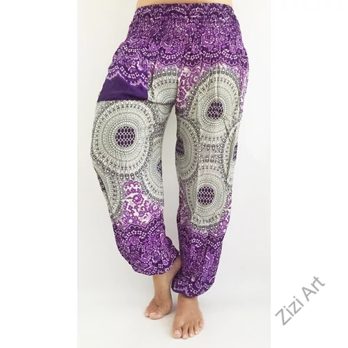 női, divat, lila, fehér, mandala,, mintás, bő, viszkóz, nadrág, színes, trend, kényelmes, szellős, egyedi, extravagáns, különleges, bohém, jázmin, Thaiföld, nagy méret, extra méretezés, plus size