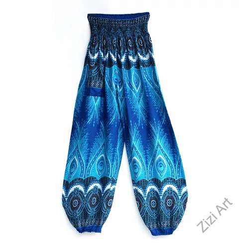 női, divat, bő, viszkóz, nadrág, pávatoll, mandala, színes, kék, égkék, mélykék, zöld, piros, türkiz, fehér, fekete, mintás, trend, kényelmes, szellős, egyedi, extravagáns, különleges, bohém, jázmin, Thaiföld, nagy méret, extra méretezés, plus size