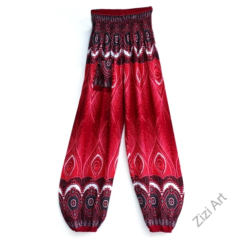 női, divat, bő, viszkóz, nadrág, pávatoll, mandala, színes, kék, égkék, mélykék, zöld, piros, türkiz, fehér, fekete, mintás, trend, kényelmes, szellős, egyedi, extravagáns, különleges, bohém, jázmin, Thaiföld, nagy méret, extra méretezés, plus size