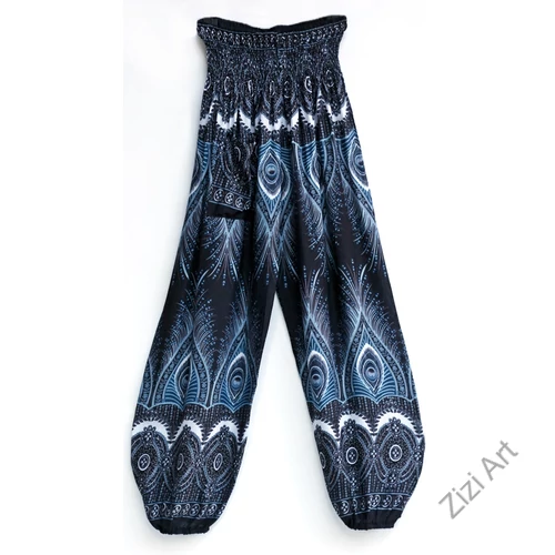 női, divat, bő, viszkóz, nadrág, pávatoll, mandala, színes, kék, égkék, mélykék, zöld, piros, türkiz, fehér, fekete, mintás, trend, kényelmes, szellős, egyedi, extravagáns, különleges, bohém, jázmin, Thaiföld, nagy méret, extra méretezés, plus size