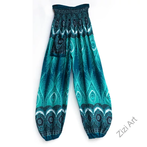 női, divat, bő, viszkóz, nadrág, pávatoll, mandala, színes, kék, égkék, mélykék, zöld, piros, türkiz, fehér, fekete, mintás, trend, kényelmes, szellős, egyedi, extravagáns, különleges, bohém, jázmin, Thaiföld, nagy méret, extra méretezés, plus size