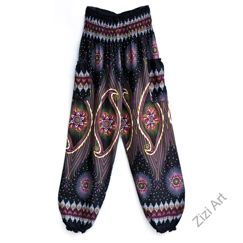 női, divat, bő, viszkóz, nadrág, levél, mintás, színes, kék, égkék, mélykék, zöld, piros, türkiz, fehér, fekete, trend, kényelmes, szellős, egyedi, extravagáns, különleges, bohém, jázmin, Thaiföld, nagy méret, extra méretezés, plus size