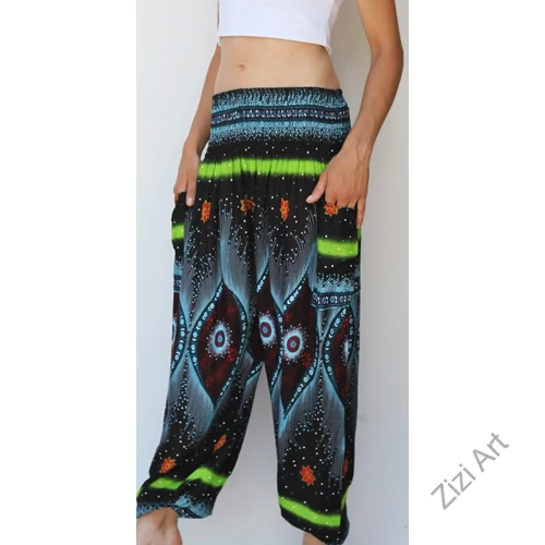 női, divat, fekete, kék, zöld, színes, mandala,  bordűrminta, mintás, bő, viszkóz, nadrág, színes, trend, kényelmes, szellős,  bohém, jázmin, Thaiföld, nagy méret, extra méretezés, plus size