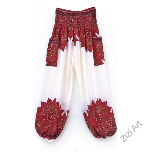 női, nadrág, viszkóz, bő, piros, ekrü, fehér, virág, mandala,  bordűr, mintás, trend, kényelmes, szellős,  bohém, jázmin, Thaiföld